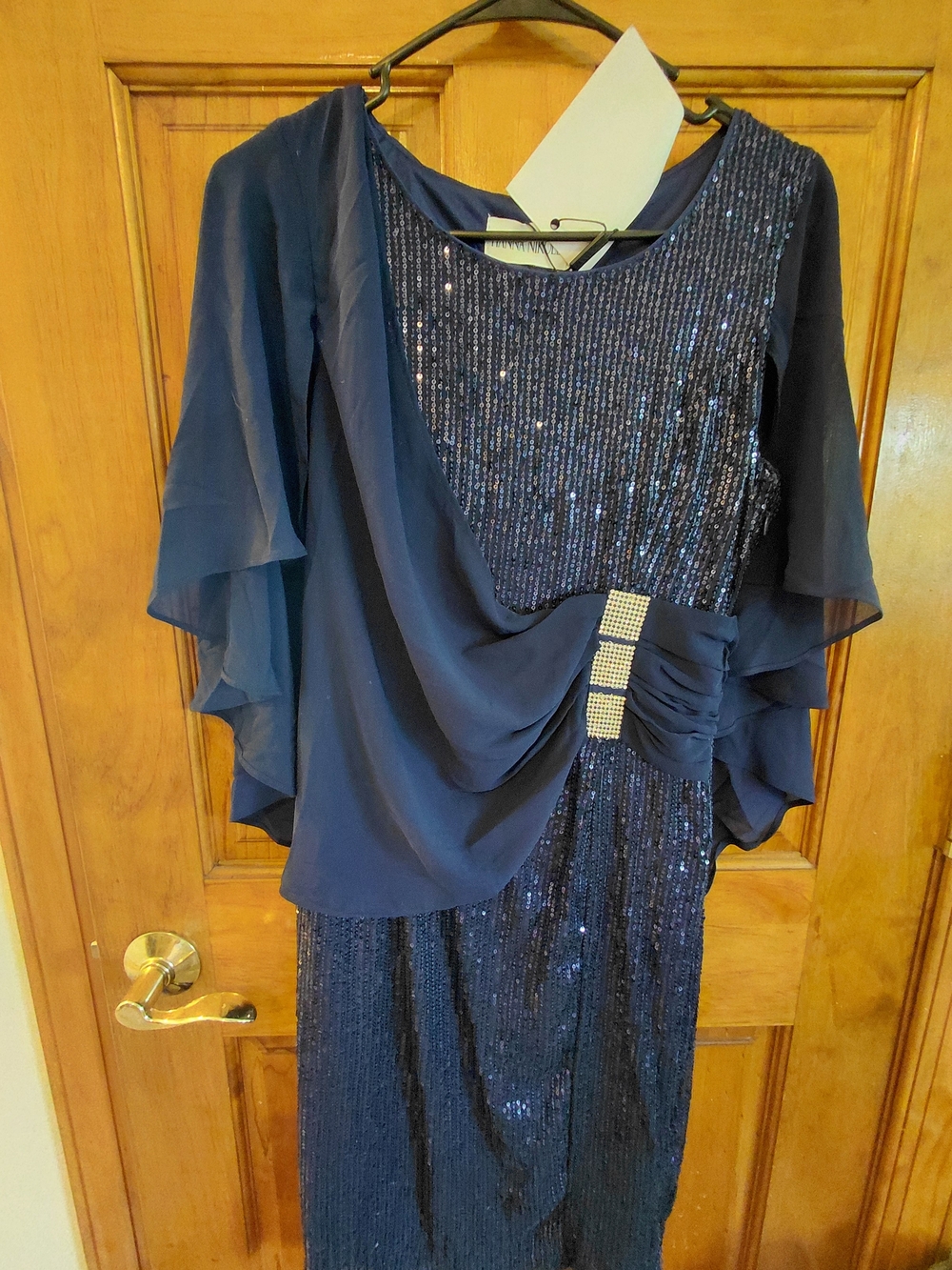 Navy Sequin Midi Dress with Draped Chiffon Overlay and Rhinestone Buckle